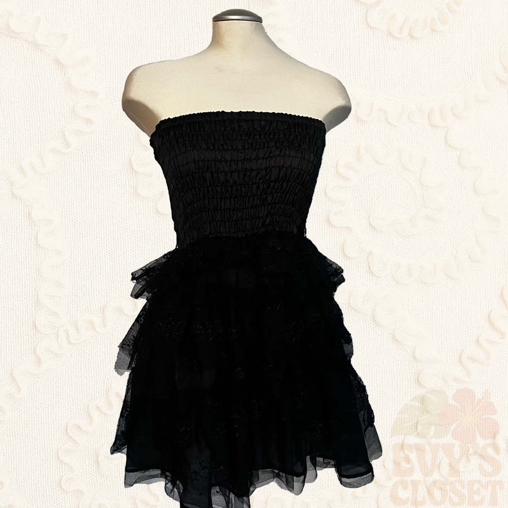 Y2K ‘Seductions’ Black Ruffle Mini Dress Womens Small Strapless